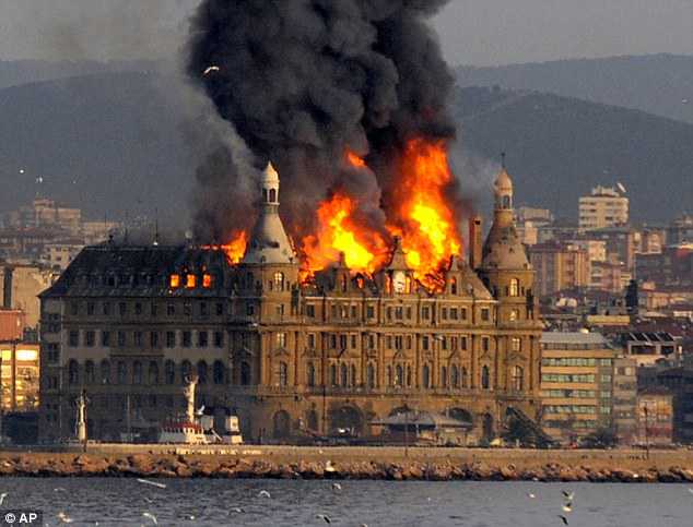 Hot slate roof: Flames rip through the upper level of Haydarpasa train station
