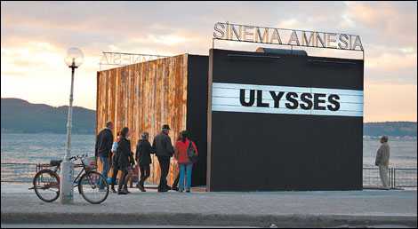 Mark Wallinger’s ‘Sinema Amnesia’ showing his film ‘Ulysses’, on the waterfront at Canakkale, Turkey