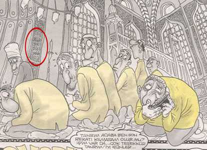 The cartoon that caused the lawsuit. The hidden message is circled in red. Radikal photo. Drawn by Bahadır Baruter, published by Penguen.