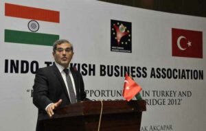 Mr Burak Akcapar, Ambassador of the Republic of Turkey in India, in Hyderabad on Saturday night, addressing Indian businessmen at the Indo-Turkish Business Association's 'Business Opportunities in Turkey'. Photo: P.V. Sivakumar
