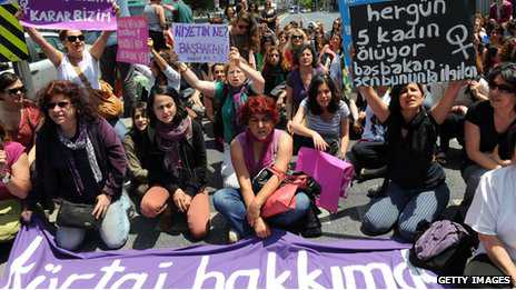 Turkish feminists hold placards as they protest outside the Turkish Prime Minister's office in Istanbul