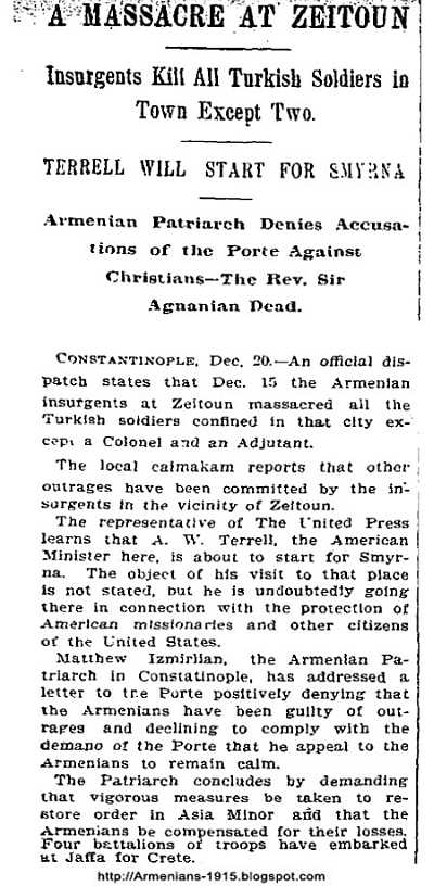 04 NYT December 21 1895 Armenians Insurgents Massacred All The Turkish Soldiers at Zeitoun New York Times 21 Dec 1895