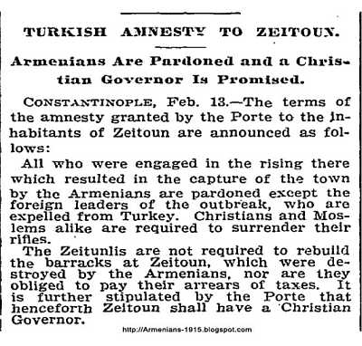 05 NYT february 14 1896 Armenians Are pardoned Turkish Amnesty To Zeitoun