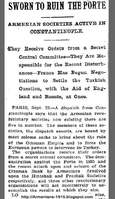 08 NYT september 24 1896 5 Armenian Revolutionary Societies To Bring About The Ruin of The Ottoman Empire