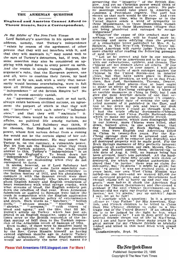 Armenian Question England And America Cannot Afford To Throw Stones NYT 23rd Sep 1895