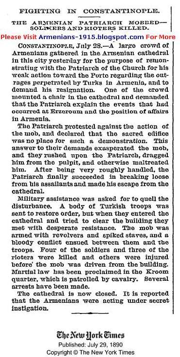 Armenians Armed With Revolvers Spiked Staves Dragged Armenian Patriarch From Pulpit NY Times 29 July 1890