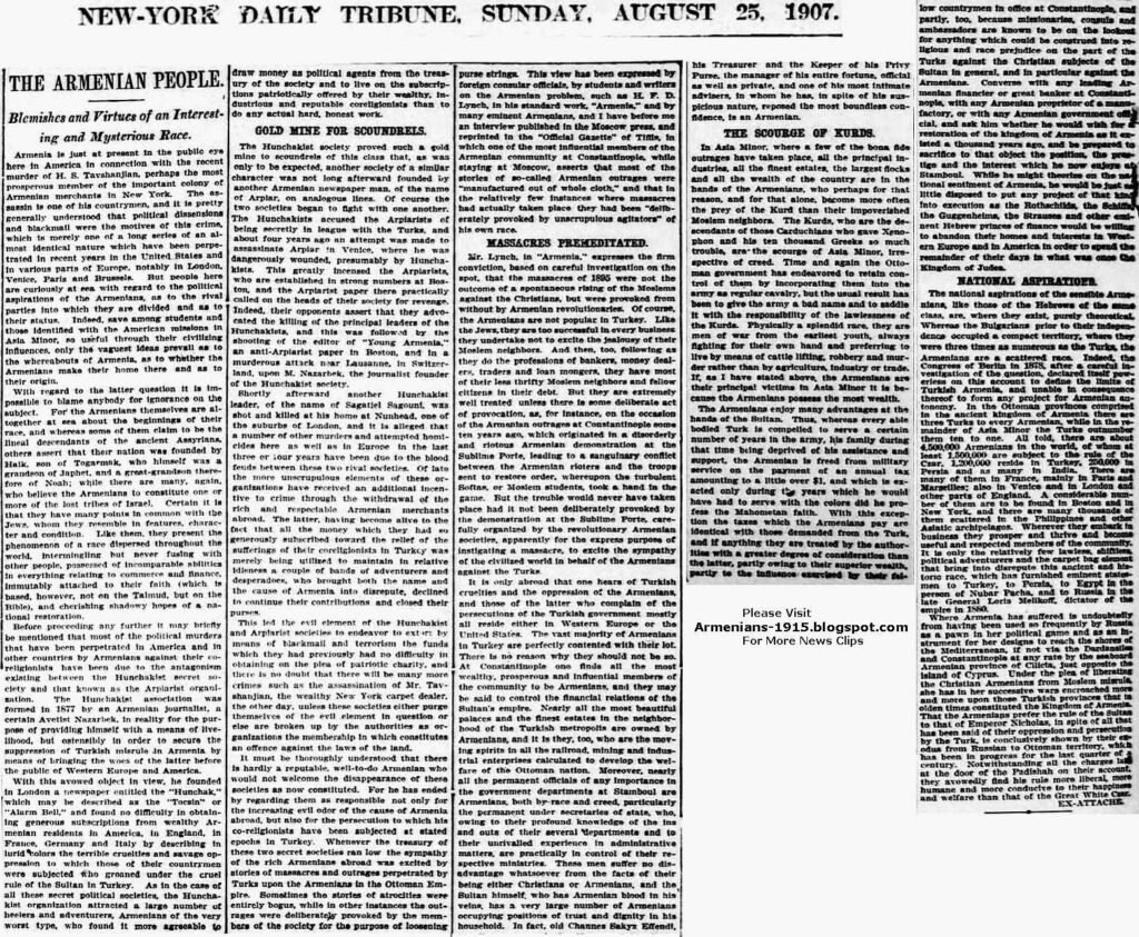 Armenians Prefer Sultans Rule Not Emperor Nicholas NY Daily Tribune 25Aug 1907