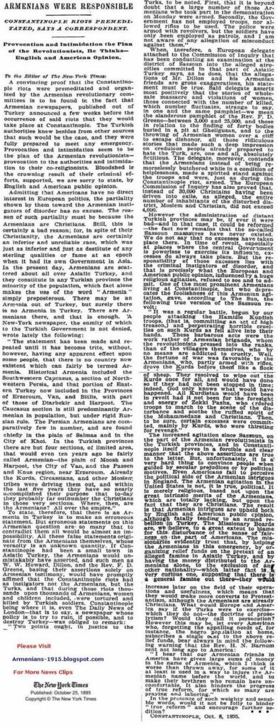 Armenians Responsible For Premeditated Riots NY Times 25 Oct 1895