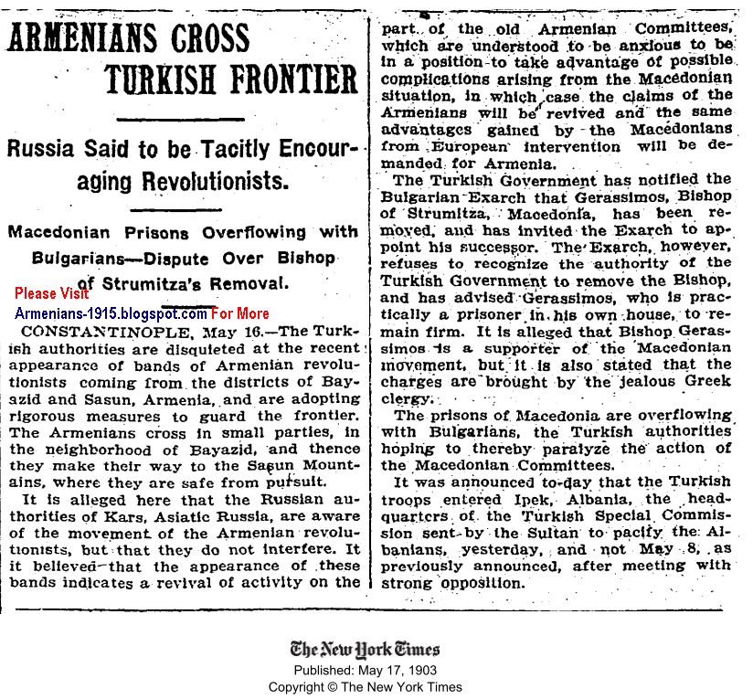 Armenians Tacitly Encouraged by Russia Cross Turkish Frontier NY Times 17May1903