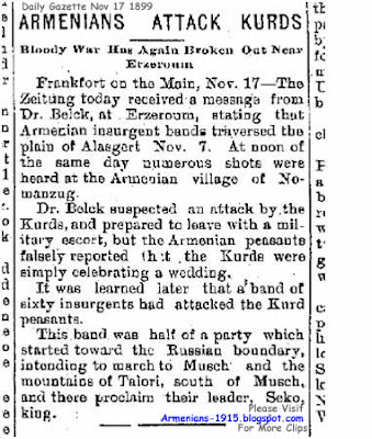 Daily Gazette 17 Nov 1899 Armenian Insurgent Bands Attack Kurds Near Erzeroum