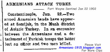 Fort Wayne Sentinel 22 Jan 1902 Armenians Bands Attack Turks in Mush