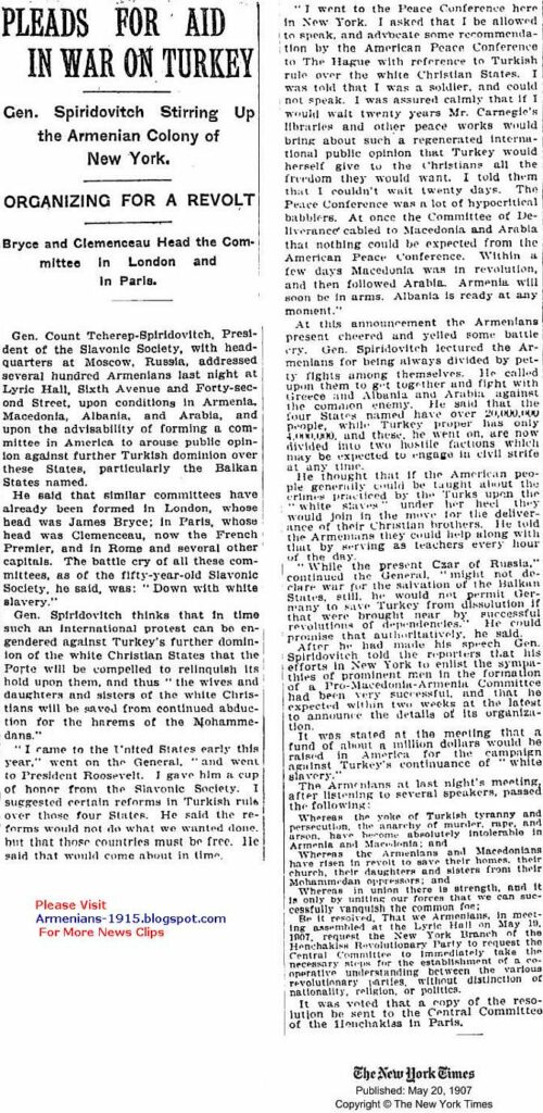 Gen Spiridowitch Organizing Armenians In NewYork For A Revolt In Turkey NY Times 20 May 1907