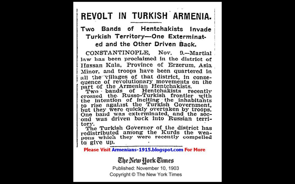 Hentchakist Bands Invade Turkish Territory NY Times 10Nov1903