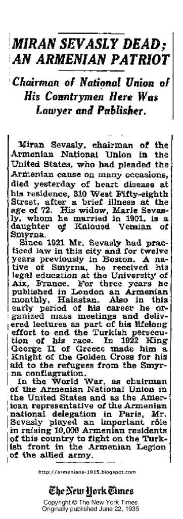 June 22 1935 Saturdayx Armenian Patriot Miran Sevasly Dead He Helped Raising 10.000 Armenians To Fight Against Turkish Front In Armenian Legion