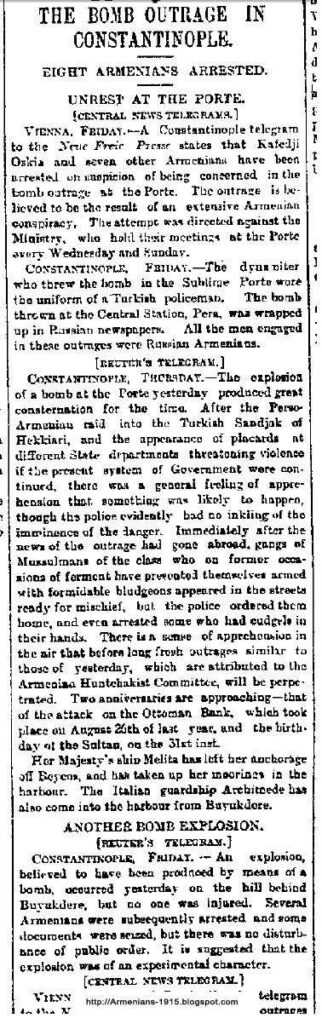 Liverpool Courier 1897 08 21 Bomb Outrage in Constantinople Eight Armenians Arrested Liverpool Courier 1897 08 21