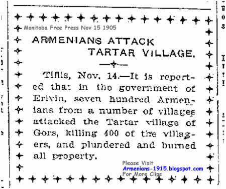 Monitoba Free Press 15 Nov 1905 Armenians Attack Tartar Village