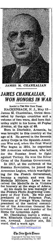 NYT1947may13 James Chankalian Won Honors in Organising 300 Armenian Volunteers To Fight Against Turkey