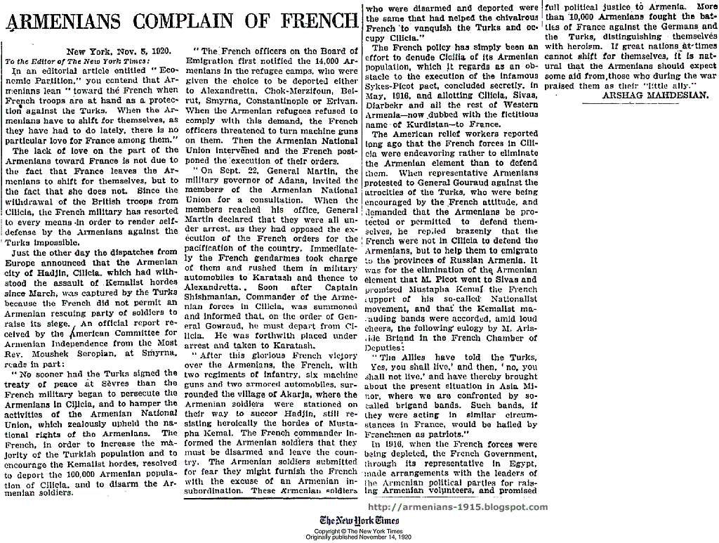 November 14 1920 Sun armenians complain french