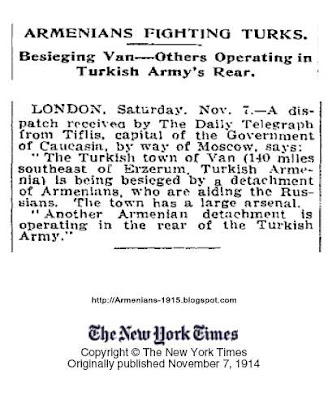 November 7 1914 Tuesday NYT Armenians Fighting Turks Besieging Van Others Operating Turkish Armys Rear