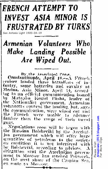 San Antonio Light 19 Apr 1920 French Attempt To Invest Asia Minor Frustrated By Turks Armenian Volunteers Make Landing Possible Are Wiped Out