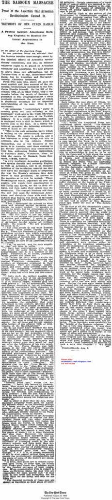 Sassoun Massacre Proof Armenian Revolitionists Caused It NY Times 23 Aug 1895