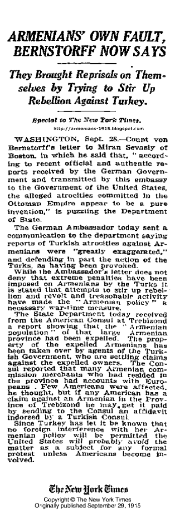 September 29 1915x Armenians Brought Reprisals on Themselves by Trying to Stir Up Rebellion Against Turkey