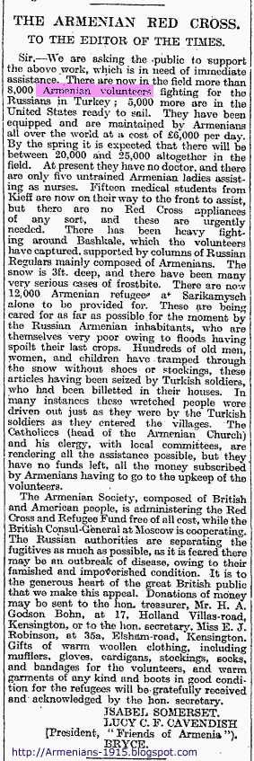 The Times London Jan 12 1915 pg 7 8.000 Armenian Volunteers fighting for the Russians in Turkey