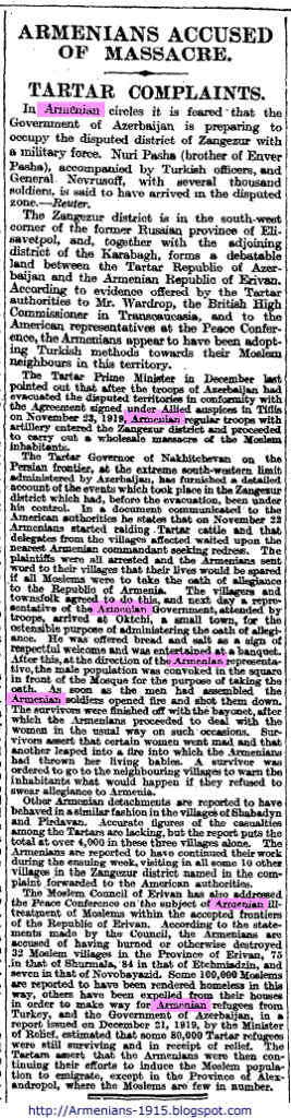 The Times London Mar 19 1920 pg 15 Armenians Accused of Massacre. Tartar Complaints The Times London 19 Mar 1920 Page 15