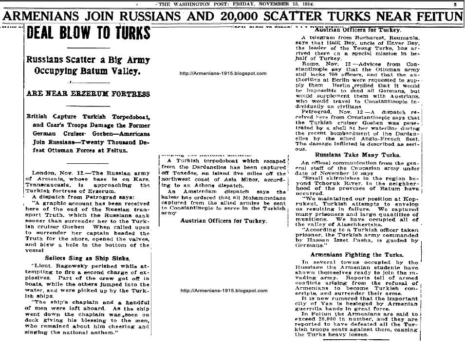 The Washington post November 13 1914 Armenians Join Russians and Scatter Turks Near Feitun Washington Post 1914 November 13