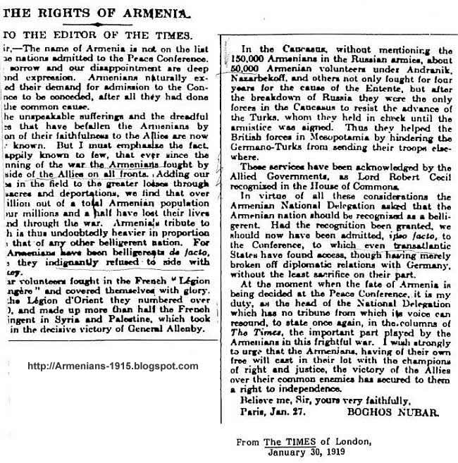 Times 1919 Jan 30th 150 000 Armenian Volunteers in Russian Army Were The Only Forces Against Turks Boghos Nubar