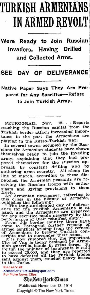 Turkish Armenians In Armed Revolt Ready To Join Russian Invaders Having Drilled Collected Arms NY Times 13 Nov 1914