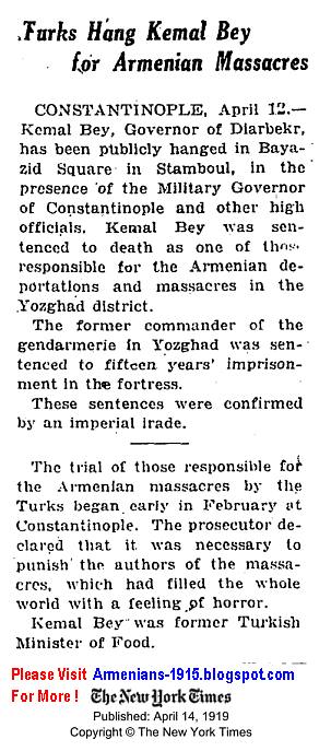 Turks Hang Kemal Bey For Armenian Massacres NYT 14 Apr 1919