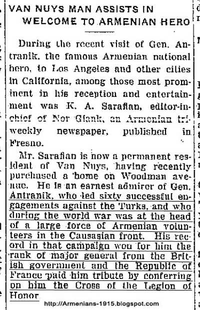 Van Nuys News The 1920 05 14 Fresno Armenian Weekly Editor Welcomes Gen Antranik Headed Armenian Volunteers Against Turks Van Nuys News 14 May 1920