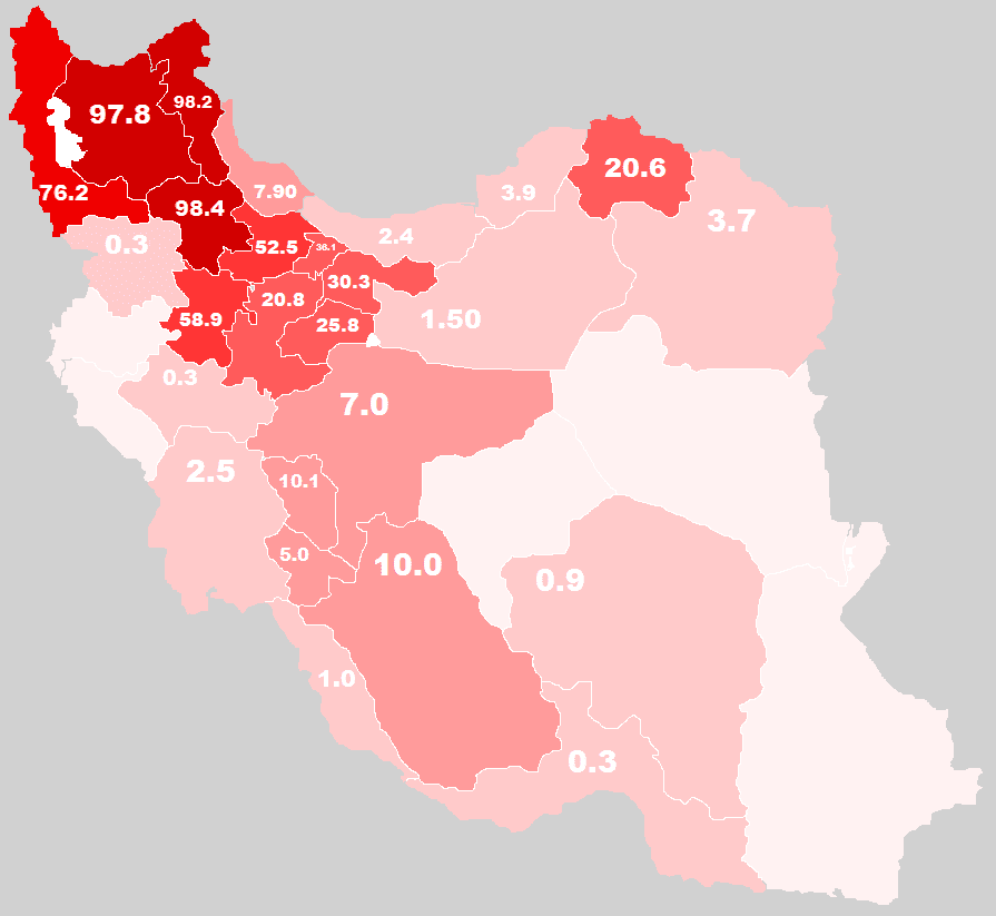 Batı Azerbaycan'ın jeopolitiği ve Kuzey Irak ve özellikle Erbil'in patolojisi. - Map of Turkic inhabited provinces of Iran according to a poll in 2008
