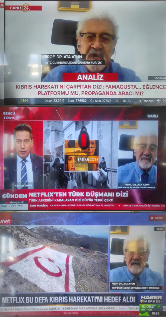 2 Eylül Pazartesi günü TV24'de, BENGÜTÜRK TV’de ve TVNET’de katıldığım programlarda NETFLIX ve FAMAGUSTA adlı dizi ile ilgili olarak gerçeklerin saklandığı ve anlatmadığına, dizinin yalana dayalı olduğuna, 1963-1974 arasında bizler Kıbrıs Türklerine uygulanan soykırıma değinilmediğini, 15 Temmuz 1974 tarihinde Yunanistan'ın organize ettiği darbeye, Kıbrıs Helen Cumhuriyeti'nin ilanına ve Kıbrıs adasının Yunanistan'a ilhak edildiği açıklamasına yer verilmediğini, gerçeklere dayanmayan hayali bir senaryo ile tamamen Rum ve Yunan propagandası doğrultusunda dizi yapıldığına, katliamları yapanların Rumlar olduğunu ve Türk askerinin ve milletinin fıtratında sivillere ve silahsız düşman askerlerine ateş edilmediğinin bulunduğunu Barış Harekatında bizzat yaşadığım bir olayı örnek vererek anlattım. - 09.02.24 24TV NETFLIX KONUSU TUM TVLER