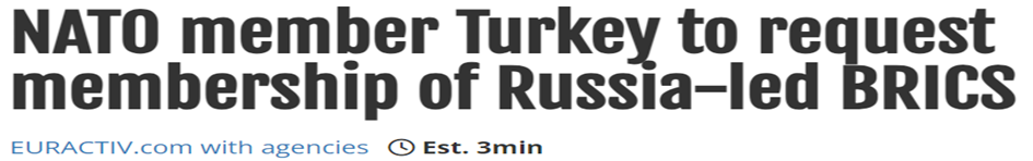 Rusya Devlet Başkanı Vladimir Putin'in dış politika danışmanı Yuri Uşakov, Türkiye'nin BRICS'e üyelik için başvuru yaptığını   açıklamıştır. Rus haber ajansı RIA Novosti'nin haberine göre Uşakov, “Türkiye tam üyelik için başvurdu. Bunu değerlendireceğiz” demiştir. - image 4