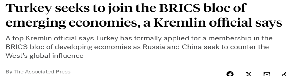 Rusya Devlet Başkanı Vladimir Putin'in dış politika danışmanı Yuri Uşakov, Türkiye'nin BRICS'e üyelik için başvuru yaptığını   açıklamıştır. Rus haber ajansı RIA Novosti'nin haberine göre Uşakov, “Türkiye tam üyelik için başvurdu. Bunu değerlendireceğiz” demiştir. - image 5