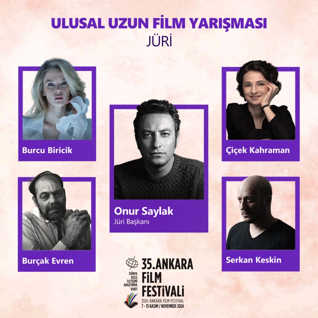 Bu yıl 35. yaşını kutlayan Ankara Film Festivali, 7-15 Kasım 2024 tarihleri arasında Büyülü Fener Kızılay Sineması'nda gerçekleşiyor. 15 ülkeden 43 yönetmenin toplam 58 filmini sinemaseverlerle buluşturacak festivalin bu yılki Aziz Nesin Emek Ödülü, oyuncu, yönetmen, şair ve eğitmen Müjdat Gezen'e, Sanat Çınarı Ödülü de flüt virtüözü Şefika Kutluer'e sunuldu. Jüri başkanlığını oyuncu ve yönetmen Onur Saylak’ın yaptığı festivalin Ulusal Uzun Film Yarışması’nda 10 film, Ankara prömiyerini festivalde yaparken, Ulusal Belgesel Film Yarışması’nda 8 film, Ulusal Kısa Film Yarışması’nda ise 12 film yarışıyor. Fransa’dan Hindistan’a, İtalya’dan Litvanya’ya, dünya sinemasının en yeni ve klasikleşmiş örneklerinin gösterildiği 35. Ankara Film Festivali, bir hafta boyunca Ankaralı sinemaseverlere festival coşkusu yaşatacak. - AUFF Juri Ulusal Uzun Film Yarismasi