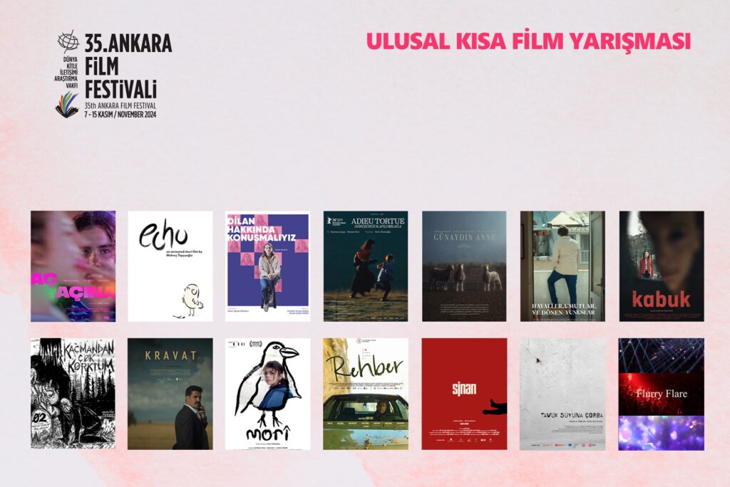 7-15 Kasım tarihlerinde gerçekleşecek 35. Ankara Film Festivali'nin Ulusal Kısa Film Yarışması'nın finalistleri de açıklandı. Bu yıl 174 filmin başvurduğu yarışmada 14 film, Ece Yüksel, Melikşah Altuntaş ve Ruken Öztürk'ten oluşan jürinin karşısına çıkacak. - AnkaraFF 2024 Ulusal Kisa Film Yarismasi Finalistler