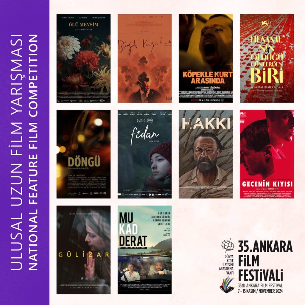 Bu yıl 35. yaşını kutlayan Ankara Film Festivali, 7-15 Kasım 2024 tarihleri arasında Büyülü Fener Kızılay Sineması'nda gerçekleşiyor. 15 ülkeden 43 yönetmenin toplam 58 filmini sinemaseverlerle buluşturacak festivalin bu yılki Aziz Nesin Emek Ödülü, oyuncu, yönetmen, şair ve eğitmen Müjdat Gezen'e, Sanat Çınarı Ödülü de flüt virtüözü Şefika Kutluer'e sunuldu. Jüri başkanlığını oyuncu ve yönetmen Onur Saylak’ın yaptığı festivalin Ulusal Uzun Film Yarışması’nda 10 film, Ankara prömiyerini festivalde yaparken, Ulusal Belgesel Film Yarışması’nda 8 film, Ulusal Kısa Film Yarışması’nda ise 12 film yarışıyor. Fransa’dan Hindistan’a, İtalya’dan Litvanya’ya, dünya sinemasının en yeni ve klasikleşmiş örneklerinin gösterildiği 35. Ankara Film Festivali, bir hafta boyunca Ankaralı sinemaseverlere festival coşkusu yaşatacak. - AnkaraFF 2024 Uzun Film Yarismasi