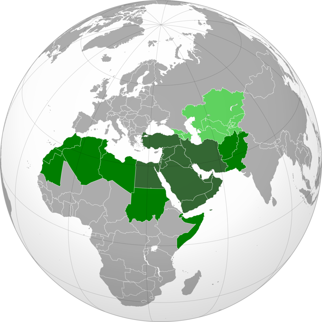 Map of the Greater Middle East, based on Perthes, V., 2004, America's "Greater Middle East" and Europe: Key Issues for Dialogue Archived 15 November 2008 at the Wayback Machine, Middle East Policy, Volume XI, No.3, Pages 85–97.