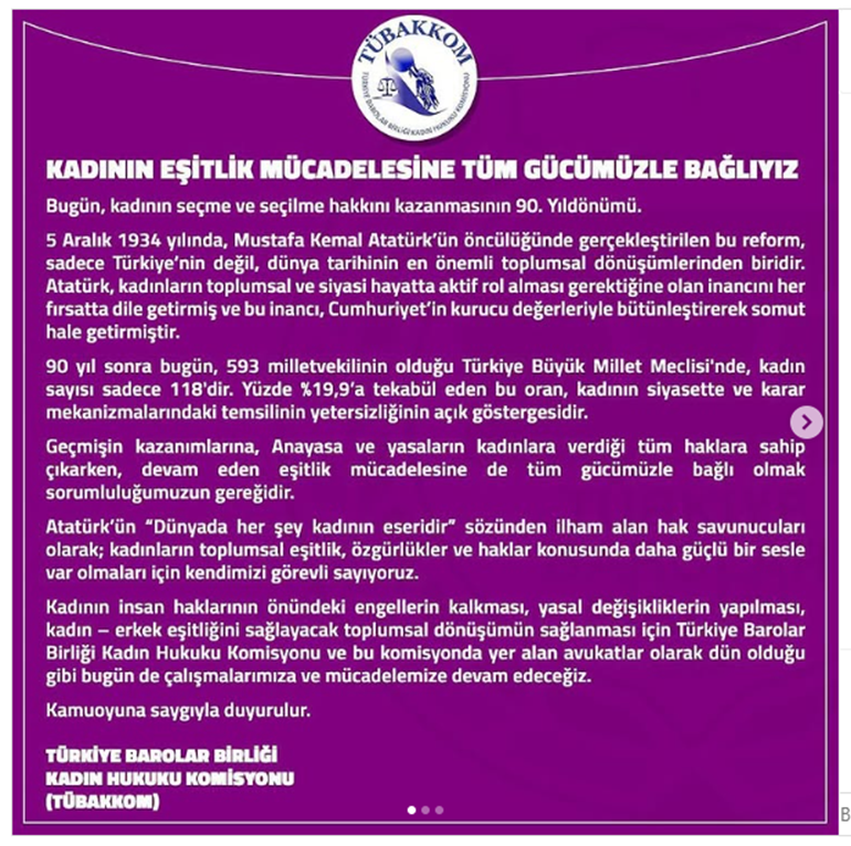 Ankara Barosu Türk kadınının seçme ve seçilme hakkının kazanmasının 90.yıldönümü bildirisinde 'Türk ' kavramını silmiş! - kadinin esitlik mucadelesi barolar birligi